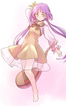 1girl arm_up barefoot biwa_lute black_ribbon blush breasts brown_dress chain closed_mouth collared_dress commentary_request dot_mouth dress flower full_body gold_chain gradient_background hair_flower hair_ornament instrument knees long_hair long_sleeves lute_(instrument) medium_breasts no_toes one-hour_drawing_challenge pink_background purple_hair rangycrow ribbon see-through_clothes see-through_skirt shirt sideways_glance skirt solo thighs touhou tsukumo_benben twintails white_shirt yellow_dress yellow_eyes