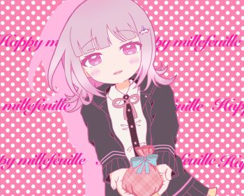 Rule 34 | 1girl, :d, black jacket, black shirt, blush, brown skirt, collared shirt, commentary request, danganronpa (series), danganronpa 2: goodbye despair, derivative work, flipped hair, hair ornament, happy mille-feuille (idolmaster), holding, idolmaster, jacket, long sleeves, medium hair, misa (usaginosakura), nanami chiaki, neck ribbon, open mouth, parody, pink eyes, pink ribbon, ribbon, shirt, skirt, smile, two-tone shirt, white shirt