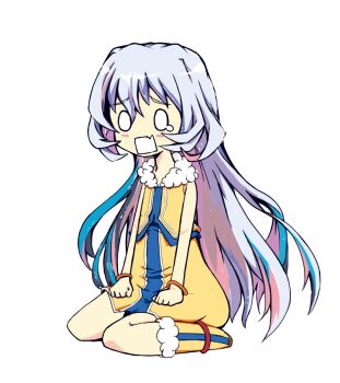 1boy anklet ao_ran aries_(yasei_no_last_boss) bare_arms blue_hair blue_trim blush boots bracelet deformed dress fang flipped_sidelocks full_body fur-trimmed_boots fur-trimmed_vest fur_trim furrowed_brow hair_between_eyes hands_on_own_thighs invisible_floor inward_flipped_hair jewelry long_hair looking_at_viewer male_focus multicolored_hair o_o open_mouth rectangular_mouth sidelocks simple_background sitting skin_fang sleeveless solo streaked_hair trap very_long_hair vest wariza white_background white_hair white_trim yasei_no_last_boss_ga_arawareta yellow_boots yellow_dress yellow_vest