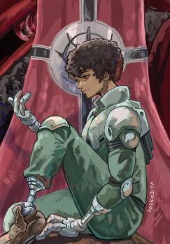 Rule 34 | 1boy, afro, dark-skinned male, dark skin, daryl lorenz, flag, gundam, gundam thunderbolt, highres, knees up, looking at hand, looking to the side, male focus, mecha pilot suit, mechanical arms, mechanical tail, normal suit (gundam), okrdisk2000, sitting, solo, tail, tan, zeon