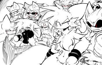 2023 absurdres blood bloody_tears chest_fur crying fleetway_super_sonic fox gloves greyscale hedgehog highres luther_artwright_(needlemouse) majin_sonic monochrome needlemouse_(series) red_eyes sarah_henderson_(needlemouse) sleepy sonic.exe sonic.exe_(character) sonic_(series) sonic_the_hedgehog super_sonic sweatdrop vitrioo white_gloves