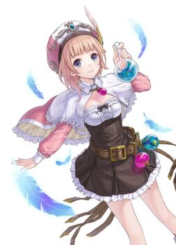 1girl atelier_(series) atelier_questboard atelier_rorona blonde_hair blue_eyes blunt_bangs breasts brown_dress capelet cleavage closed_mouth cowboy_shot dress feathers flask frilled_dress frills hand_up hat holding holding_flask jacket jewelry liquid long_sleeves looking_at_viewer medium_breasts necklace official_art pink_jacket rorolina_frixell round-bottom_flask second-party_source short_hair simple_background smile solo standing white_background white_capelet