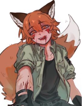 1boy :d :p animal_ears belt black_gloves black_shirt blood blood_from_mouth boyfriend_to_death commentary_request cowboy_shot facial_mark fangs fingerless_gloves fox_boy fox_ears fox_tail furry furry_male gloves green_jacket grin highres jacket licking_lips looking_at_viewer male_focus mwwsqqqq999 open_clothes open_jacket open_mouth orange_eyes orange_hair popped_collar pov ren_hana_(boyfriend_to_death) scar scar_on_arm scar_on_chest scar_on_face shirt short_hair smile solo tail tongue tongue_out