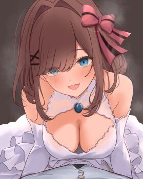 1girl absurdres bare_shoulders blush bow breasts bridal_gauntlets brown_hair cleavage commentary_request dress girl_on_top green_eyes hair_bow hair_intakes hair_ornament hairclip highres large_breasts long_hair looking_at_viewer nijisanji open_mouth pink_bow ri_shan smile solo_focus steaming_body striped_bow suzuhara_lulu swept_bangs two-tone_bow virtual_youtuber wedding_dress white_bridal_gauntlets white_dress