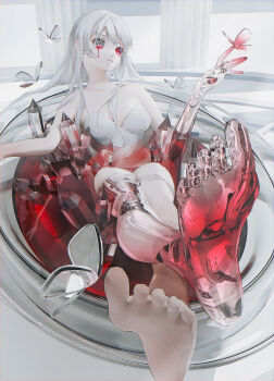 1girl absurdres ambiguous_red_liquid artist_name bare_shoulders barefoot bath bathing blood bloody_tears breasts bug butterfly butterfly_on_hand collarbone crystal dress female_focus foot_focus glass grey_eyes hand_up heterochromia highres indoors insect long_hair medium_breasts nekoyama_iori original pale_skin parted_lips partially_submerged pillar red_eyes scary sidelocks soles solo strapless strapless_dress toes transparent twitter_username watermark white_background white_dress white_hair