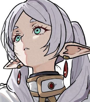 1girl absurdres commentary earrings english_commentary eyelashes frieren green_eyes grey_hair highres ierdid jewelry long_hair looking_up meme parted_bangs parted_lips pointy_ears solo sousou_no_frieren twintails upper_body upward_angle_frieren_drawing_(meme) white_background