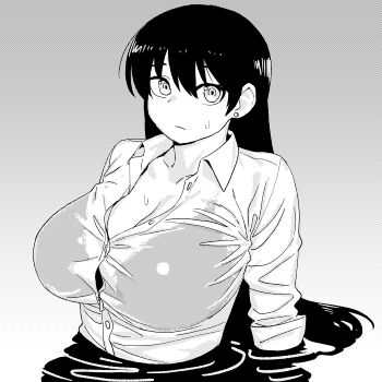 1girl arato_nagi bra_visible_through_clothes breasts button_gap cleavage closed_mouth collared_shirt dress_shirt earrings greyscale highres jewelry large_breasts long_hair long_sleeves monochrome onsen_tamago_(hs_egg) partially_submerged partially_unbuttoned ruri_no_houseki screentones see-through_clothes see-through_shirt shirt solo wet wet_clothes wet_shirt