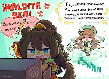 2girls animal_ears beret blue_eyes bow brown_hair capelet carrot chibi closed_eyes commentary domino_mask drawer dress ear_bow ear_covers ear_ornament ear_ribbon el_condor_pasa_(kukulkan_warrior)_(umamusume) el_condor_pasa_(umamusume) english_commentary english_text eye_mask gloves grass_wonder_(saintly_jade_cleric)_(umamusume) grass_wonder_(umamusume) green_capelet green_hat hair_between_eyes hat highres holding holding_staff horse_ears horse_girl horse_tail long_hair long_sleeves looking_at_viewer mage_staff magic mask masked multiple_girls official_alternate_costume open_mouth ponytail shibedraws shirt single_ear_cover smile spanish_text speech_bubble staff star_(symbol) tail umamusume white_dress white_gloves