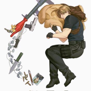 1boy black_boots black_gloves black_pants blonde_hair blue_shirt boots brown_coat bullet closed_eyes coat commentary_request dog_tags fingerless_gloves fur-trimmed_coat fur_trim gloves gun handgun highres key knife leon_s._kennedy male_focus muscular muscular_male pants parted_bangs parted_lips photo_(object) pouch resident_evil resident_evil_4 rocket_launcher shirt short_hair solo songyeerhu stuffed_animal stuffed_toy teddy_bear thigh_pouch unworn_coat weapon white_background