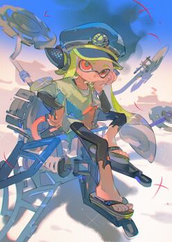 1girl agent_3_(splatoon) behind-the-head_headphones black_leggings black_sandals blue_hat captain_3_(splatoon) closed_mouth flip-flops full_body green_hair hand_on_own_cheek hand_on_own_face hat headphones highres inkling layered_sleeves leggings long_hair long_sleeves nintendo orange_eyes patchwork_clothes peaked_cap sandals shirt short_over_long_sleeves short_sleeves sitting solo splatoon_(series) splatoon_3 tentacle_hair torn_clothes torn_leggings towo_nita very_long_hair white_shirt