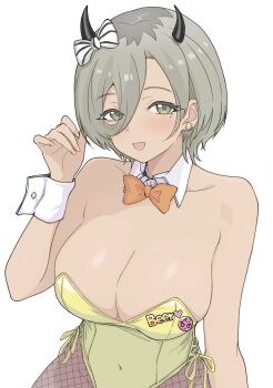 1girl alternate_costume bare_shoulders blush bow bowtie breasts brown_hair cleavage collarbone dark-skinned_female dark_skin demon_horns ear_piercing fake_horns fishnet_pantyhose fishnets girls_band_cry hair_between_eyes hanekuri_(nnainain) highres horns large_breasts leotard looking_at_viewer mole mole_under_eye open_mouth orange_bow orange_bowtie pantyhose piercing rupa_(girls_band_cry) short_hair simple_background smile solo white_background wrist_cuffs yellow_leotard