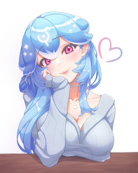 1girl absurdres alternate_costume bao_the_whale blue_hair blue_sweater hand_on_own_cheek hand_on_own_face highres indie_virtual_youtuber jewelry necklace purple_eyes rein_akane ribbed_sweater solo sweater virtual_youtuber