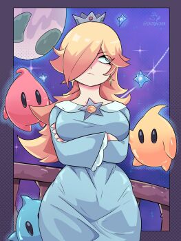 1girl annoyed blonde_hair luma_(mario) mario_(series) one_eye_covered rosalina sautencrer super_mario_galaxy