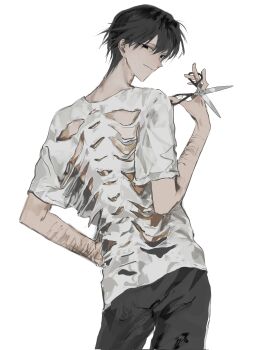 1_7iil0 1boy black_eyes black_hair contrapposto cowboy_shot hand_on_own_hip highres holding holding_scissors looking_at_viewer looking_back male_focus multiple_scars original scar scar_on_arm scissors self-harm short_hair smirk solo torn_clothes wrist_cutting