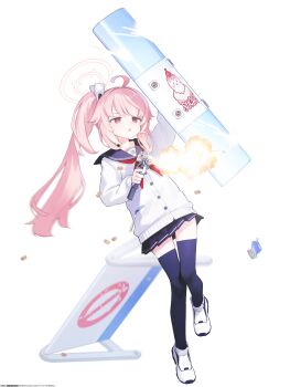 1girl ahoge astg blue_archive blue_skirt blue_thighhighs cardigan drink_carton english_text finger_on_trigger firing gun halo highres holding holding_shield juice_box long_hair natsu_(blue_archive) open_mouth phone pink_eyes pink_hair pink_halo pleated_skirt riot_shield school_uniform shell_casing shield side_ponytail skirt solo submachine_gun thighhighs uzi_pro weapon white_cardigan