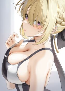 1girl absurdres armpit_crease bare_shoulders blonde_hair blush breasts cleavage closed_mouth commentary_request competition_swimsuit evelyn_chevalier eyes_visible_through_hair from_side highres kkuni korean_commentary large_breasts looking_at_viewer one-piece_swimsuit purple_eyes solo swimsuit undersized_clothes upper_body white_one-piece_swimsuit zenless_zone_zero