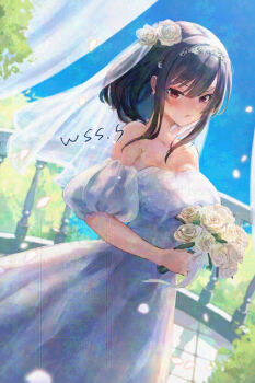 1girl adversarial_noise artist_name balcony black_hair blue_sky blush bouquet bridal_veil curtains dress dutch_angle flower holding holding_bouquet kantai_collection nose_blush railing red_eyes short_hair sidelocks sky solo veil wedding_dress white_dress wss_(nicoseiga19993411) yamashiro_(kancolle)
