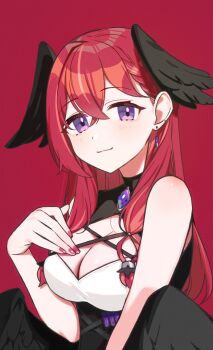 1girl black_dress black_romper black_wings braid breasts cleavage cleavage_cutout clothing_cutout coif covering_breasts covering_privates criss-cross_straps dress ear_chain earrings gem hair_between_eyes hand_on_own_chest head_wings high-waist_shorts highres jewelry konkon_aria large_breasts light_smile linked_piercing long_hair looking_at_viewer low_wings neo-porte piercing purple_eyes purple_gemstone red_background red_hair romper shirt shorts sidelocks sleeveless solo turtleneck upper_body virtual_youtuber white_shirt wings yuura