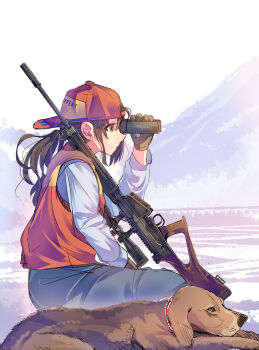 1girl animal arm_up backwards_hat baseball_cap battle_rifle between_legs binoculars blue_pants brown_eyes brown_gloves brown_hair closed_mouth clothes_writing daito denim dog expressionless female_focus from_side fur gloves gun hand_between_legs hat holding jeans long_sleeves looking_afar original pants profile red_hat red_vest rifle scope shirt sitting sniper sniper_rifle solo vest weapon weapon_request white_shirt