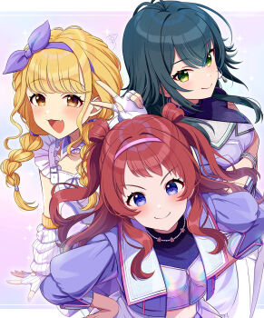 3girls :d antenna_hair arm_warmers arms_under_breasts bangle bead_necklace beads black_hair black_shirt blonde_hair blue_eyes blush bow bow_hairband bracelet braid breasts brown_eyes brown_hair bustier closed_mouth commentary cowboy_shot crop_top cropped_jacket crossed_arms detached_collar double_bun earrings fang fingerless_gloves fujita_kotone gakuen_idolmaster gloves green_eyes hair_bow hair_bun hairband hanami_saki highres hoop_earrings idol_clothes idolmaster jacket jewelry large_breasts letterboxed long_hair long_sleeves looking_at_viewer multiple_girls nail_polish necklace open_clothes open_jacket open_mouth purple_background purple_bow purple_hairband purple_jacket purple_nails re;iris_(idolmaster) sakura_ran shirt short_sleeves sidelocks single_arm_warmer single_fingerless_glove skin_fang sleeveless sleeveless_shirt small_breasts smile standing tsukimura_temari twin_braids twintails two_side_up v white_arm_warmers white_gloves white_shirt