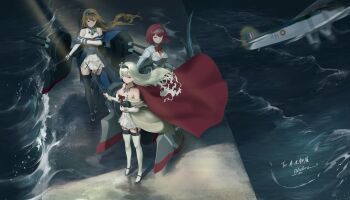 3girls absurdres aircraft airplane ark_royal_(kancolle) biplane black_thighhighs blonde_hair blue_capelet blue_eyes blue_overskirt bob_cut bow_(weapon) braid breasts capelet commentary commission corset crown detached_sleeves dress fairey_swordfish flower globus_cruciger hairband half_up_braid headgear highres holding holding_bow_(weapon) holding_weapon kantai_collection long_hair long_necktie long_sleeves mini_crown multiple_girls ocean odachu off-shoulder_dress off_shoulder red_flower red_hair red_rose rigging rose scepter short_hair thighhighs tiara valiant_(kancolle) warspite_(kancolle) waves weapon white_corset white_dress white_thighhighs