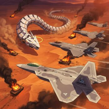 ace_combat ace_combat_04 ace_combat_7 binah_(blue_archive) blue_archive commentary_request crossover decagrammaton_(blue_archive) desert destruction f-22_raptor f-35_lightning_ii halo highres kisaragi_shokuin m1_abrams military_vehicle mobius_1 motor_vehicle sunset tank vehicle_focus