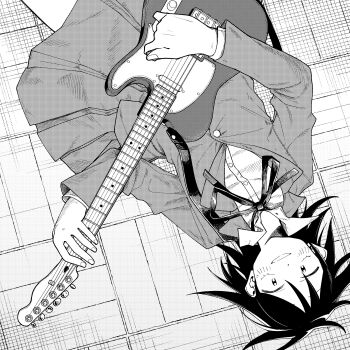 1girl absurdres blazer collared_shirt commentary_request dress_shirt electric_guitar fender_telecaster from_above futsuu_no_keion-bu greyscale guitar hatono_chihiro highres holding holding_guitar holding_instrument holding_plectrum instrument jacket lapels long_sleeves lying mangakashibou medium_hair monochrome neck_ribbon notched_lapels on_back plectrum ribbon school_uniform screentones shirt smile solo wing_collar winter_uniform