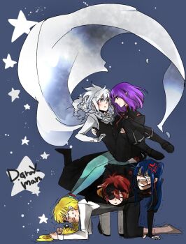 1girl 4boys allen_walker anger_vein angry anklet black_boots black_coat black_gloves black_headband black_jacket black_order_uniform black_pants black_shirt black_skin black_vest blank_eyes blonde_hair blue_background blue_hair blue_thighhighs bob_cut boots braid braided_ponytail brown_boots cape carrying carrying_person clenched_hands closed_eyes coat colored_skin commentary_request copyright_name creature d.gray-man dress_shirt eyepatch facial_mark facing_another facing_down facing_viewer fingerless_gloves floating_cape frown gloves golem_(d.gray-man) grey_eyes grey_pants grey_vest hair_between_eyes hand_on_ground headband high_ponytail hood hood_down hooded_cape horns howard_link jacket jewelry kanda_yuu lavi legs lenalee_lee light_smile long_hair long_sleeves looking_at_another looking_down lying lying_on_person mask messy_hair military military_uniform miniskirt multiple_boys on_stomach one-eyed one_eye_covered open_mouth pants parted_lips partial_commentary pleated_skirt ponytail princess_carry profile purple_hair red_hair red_skirt reverse_princess_carry scar scar_across_eye scar_on_face shaking shirt short_hair shouting shumiko_(kamenokoueki) sidelocks single_braid single_glove sitting sitting_on_person skirt star_(symbol) striped_clothes striped_coat striped_jacket sweat sweatdrop tail thighhighs thighs timcanpy turtleneck turtleneck_jacket unworn_mask vertical-striped_clothes vertical-striped_jacket very_long_cape vest white_cape white_gloves white_hair white_mask white_shirt wings