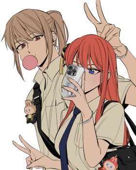 1boy 1girl aged_up bag blue_eyes brown_hair bun_cover cellphone gintama highres holding holding_phone kagura_(gintama) long_hair necktie okita_sougo orange_hair phone ponytail pusna1031 red_eyes school_uniform v