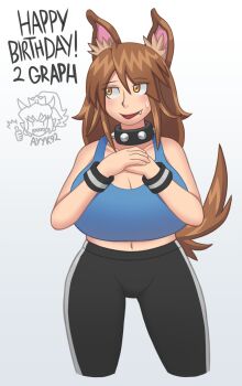 1girl animal_ear_fluff animal_ears ayyk92 birthday bowsette breasts chibi chibi_inset choker dog_ears dog_girl dog_tail ego_trigger eyes_visible_through_hair fang fang_out graph_(graphiteknight) highres large_breasts lass_(ego_trigger) long_hair midriff open_mouth original own_hands_together pants shirt sleeveless sleeveless_shirt tail wristband yoga_pants