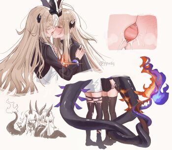 2girls arknights black_thighhighs blonde_hair blush dragon_girl dragon_horns dragon_tail fangs fire flame-tipped_tail french_kiss hashtag-only_commentary highres horns intertwined_tails jewelry kiss long_hair multiple_girls multiple_views necrass_(arknights) ppxdq pussy_juice reed_(arknights) reed_the_flame_shadow_(arknights) ring saliva siblings sisters sweat tail tail_wagging thighhighs torn_clothes torn_thighhighs twitter_username yuri