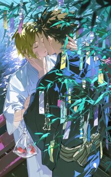 Rule 34 | 2boys, absurdres, bag, bagged fish, baozaohuang, black hair, blonde hair, blush, closed eyes, commentary, fish, from above, haikyuu!!, hand on another's neck, height difference, highres, imminent kiss, japanese clothes, kozume kenma, kuroo tetsurou, male focus, multicolored hair, multiple boys, plant, roots (hair), short hair, standing, untranslatable commentary, yaoi