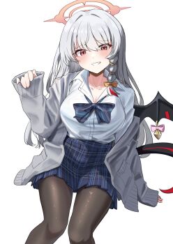 1girl alternate_costume black_pantyhose black_tail black_wings blue_archive blue_ribbon blue_skirt breasts cardigan checkered_clothes checkered_skirt demon_girl demon_tail demon_wings grey_cardigan grey_hair halo haruna_(blue_archive) highres large_breasts long_hair looking_at_viewer orange_eyes orange_halo pantyhose ribbon sashu_(thershr6s) shirt simple_background single_wing skirt solo tail white_background white_shirt wings