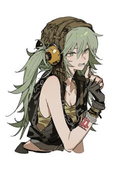 1girl absurdres bare_shoulders black_gloves candy chinese_commentary commentary_request fingerless_gloves food food_in_mouth gloves green_eyes green_hair hatsune_miku headphones highres holding holding_candy holding_food holding_lollipop lollipop simple_background solo vocaloid white_background zhibuji_loom