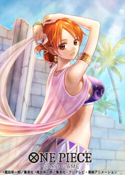 1girl arm_tattoo armlet arms_up bra bracelet commentary_request copyright_name earrings eyelashes hair_bun haru_(toyst) jewelry lens_flare log_pose looking_back nami_(one_piece) necklace official_art one_piece one_piece_card_game orange_eyes orange_hair outdoors palm_tree parted_lips solo tattoo tree underwear
