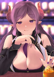 Rule 34 | 1girl, :q, alcohol, between breasts, black shirt, black sleeves, blurry, blurry background, blush, breasts, brown horns, cleavage, cleavage cutout, closed mouth, clothing cutout, commentary request, cup, dc24v, demon girl, demon horns, detached sleeves, fingernails, highres, horns, ice, large breasts, leaning forward, long hair, looking at viewer, medium bangs, mole, mole under mouth, nanashi inc., necktie, necktie between breasts, pointy ears, purple eyes, purple hair, purple nails, purple necktie, saionji mary, shirt, sleeveless, sleeveless shirt, smile, solo, tongue, tongue out, upper body, virtual youtuber, whiskey
