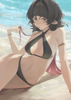 1girl 69pou alternate_costume animal_ears arm_support beach bikini black_bikini black_hair breasts commentary english_commentary grey_eyes highres jane_doe_(zenless_zone_zero) large_breasts long_hair lying mouse_ears ocean on_side parted_lips playing_with_own_hair sling_bikini_top solo swimsuit zenless_zone_zero