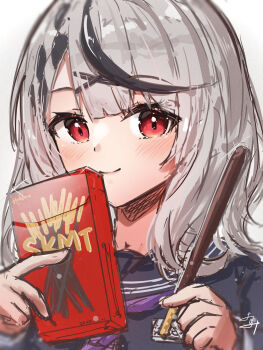 Rule 34 | 1girl, alternate costume, black sailor collar, black shirt, black streaks, blush, closed mouth, commentary request, food, grey hair, hair ornament, highres, holding, holding food, holding pocky, hololive, looking at viewer, medium hair, multicolored hair, pocky, red eyes, sailor collar, sakamata chloe, shirt, solo, streaked hair, u da desu, virtual youtuber, x hair ornament