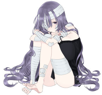 1girl armpit_crease bandaged_arm bandaged_foot bandaged_head bandaged_leg bandages barefoot black_dress breasts closed_mouth commentary_request dress eurasia_(wtp09ptw14) francoise_(eurasia) full_body gauze gauze_on_arm gauze_on_cheek gauze_on_face gauze_on_leg gauze_over_eye hair_between_eyes highres hugging_own_legs knees_up large_breasts long_hair looking_at_viewer one_eye_covered original purple_eyes purple_hair sad simple_background sitting solo tearing_up toes very_long_hair white_background