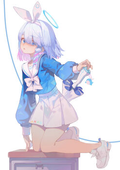 1girl arona_(blue_archive) blue_archive blue_eyes blue_hair blue_shirt blush bow bowtie braid choker commentary cropped_shirt desk english_commentary gun hairband halo highres legs long_sleeves looking_at_viewer multicolored_hair on_desk pink_hair pleated_skirt school_uniform serafuku shirt shoes simple_background sitting skirt solo two-tone_hair umbrella_gun weapon white_background white_bow white_bowtie white_choker white_hairband white_skirt yoyogur