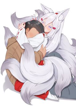 1boy 1girl absurdres animal_ear_fluff animal_ears commentary english_commentary faceless faceless_male fox_ears fox_girl fox_tail highres hug japanese_clothes kitsune kyuubi miko multiple_tails phase_connect purple_eyes sleepypudding tail tail_wrap tenma_maemi thick_eyebrows virtual_youtuber white_hair