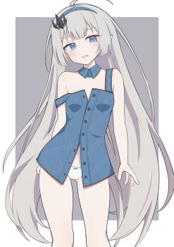 1girl ahoge armpit_crease blue_collar blue_dress blue_eyes blue_hairband bow bow_panties caraku checkered_clothes checkered_dress checkered_hairband collar commentary cowboy_shot detached_collar dress extra_pupils fang female_tyrant_(stella_sora) gluteal_fold grey_hair hair_ornament hairband head_tilt highres long_hair looking_at_viewer open_mouth panties partially_unbuttoned pointy_ears solo stella_sora strap_slip sweatdrop thigh_gap tyrant_(stella_sora) underwear very_long_hair white_panties