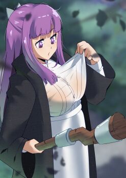 1girl absurdres black_coat blurry blurry_background breasts coat commentary dress fern_(sousou_no_frieren) gjh highres holding holding_staff long_hair long_sleeves looking_down mage_staff open_clothes open_coat purple_eyes purple_hair see-through_clothes see-through_shirt shirt solo sousou_no_frieren staff sweaty_clothes wet wet_clothes wet_shirt white_dress