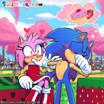 amy_rose blue_fur blue_hair blush boots bracelet cherry_blossoms child city dress flat_chest gloves hairband highres imminent_kiss jewelry legs lips medium_hair multiple_boys multiple_girls nkitsunecreator outdoors park petite pink_fur pink_hair sega sitting sonamy sonic_(series) sonic_the_hedgehog spiked_hair spying squeezing_cheeks tree