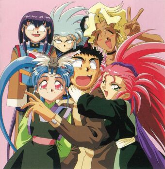 1990s_(style) 1boy 5girls animal animal_on_head aqua_hair arms_behind_back black_hair black_neckwear blonde_hair blush blush_stickers cabbit choker constricted_pupils dark-skinned_female dark_skin facial_mark fang feet_out_of_frame forehead_mark freckles green_eyes green_hair hairband hakubi_washuu hug kuramitsu_mihoshi long_hair long_sleeves looking_at_another looking_at_viewer masaki_aeka_jurai masaki_sasami_jurai multiple_girls official_art on_head one_eye_closed pink_background pink_eyes pink_hair purple_hair retro_artstyle ryou-ouki ryouko_(tenchi_muyou!) scan simple_background smile tenchi_muyou! twintails v very_long_hair