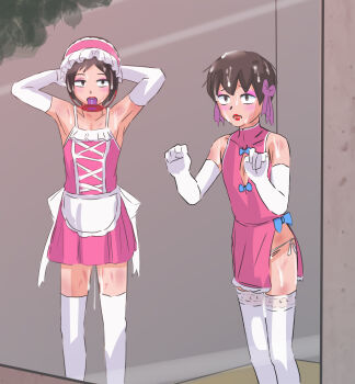 Rule 34 | 2boys, apron, armpits, arms up, bonnet, brown eyes, brown hair, collar, condom, condom in mouth, crossdressing, cum, cum on body, cum on hair, dildo gag, dress, elbow gloves, eyeshadow, facial, gag, gloves, lipstick, looking at viewer, maid, makeup, male focus, mouth hold, multiple boys, panties, pink dress, raitaroo, ribbon, sex slave, short hair, side-tie panties, standing, thighhighs, trap, underwear, waist apron, white gloves, white thighhighs