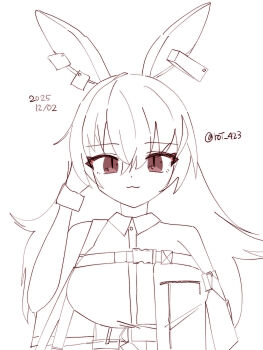 1girl :3 animal_ears april_(arknights) arknights breasts brown_eyes closed_mouth collared_shirt dated dress_shirt ear_piercing hair_between_eyes hand_up highres jacket long_hair looking_at_viewer medium_breasts piercing rabbit_ears roi_423 shirt simple_background solo spot_color twitter_username very_long_hair white_background