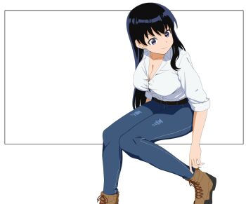 1girl albert_lee arato_nagi black_eyes black_hair blue_pants boots border breasts brown_boots cleavage collarbone commentary_request denim highres jeans lace-up_boots large_breasts long_hair outside_border pants ruri_no_houseki shirt sitting solo white_shirt