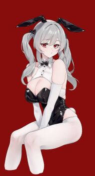 1girl akai_ame animal_ears black_bow black_bowtie black_leotard bow bowtie breasts character_request cleavage commentary_request copyright_request fake_animal_ears fake_tail highres large_breasts leotard looking_at_viewer pantyhose playboy_bunny rabbit_ears rabbit_tail red_background red_eyes simple_background sitting solo tail white_pantyhose