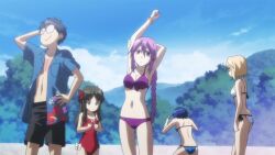 1boy 4girls animated arcueid_brunestud arima_miyako arm_behind_head armpits ass bikini black_hair blonde_hair blue_bikini blue_hair braid braided_ponytail breasts carnival_phantasm ciel_(tsukihime) cleavage clenched_hands determined exercising front-tie_bikini_top front-tie_top glasses hair_ribbon hand_on_own_hip height_difference highres large_breasts legs long_hair melty_blood multiple_girls navel one-piece_swimsuit outdoors purple_bikini purple_eyes purple_hair red_eyes ribbon serious short_hair sideboob sion_eltnam_(type-moon) sion_eltnam_atlasia smile sound squatting stretching swimsuit tagme thighs tohno_shiki tsukihime video white_bikini